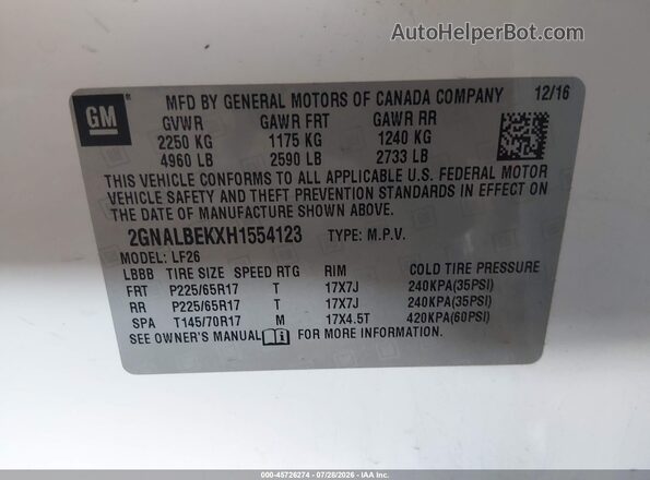 2GNALBEKXH1554123 2017 CHEVROLET EQUINOX Белый Вид подкапотного пространства