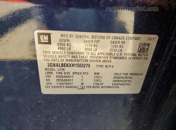 2GNALBEKXH1583279 2017 CHEVROLET EQUINOX Blue VIN კოდის სტიკერის ხედი