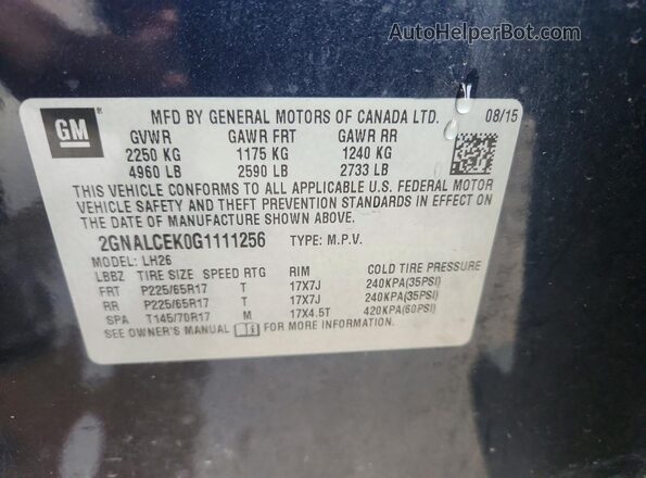 2GNALCEK0G1111256 2016 CHEVROLET EQUINOX Blue Vista del compartimento del motor