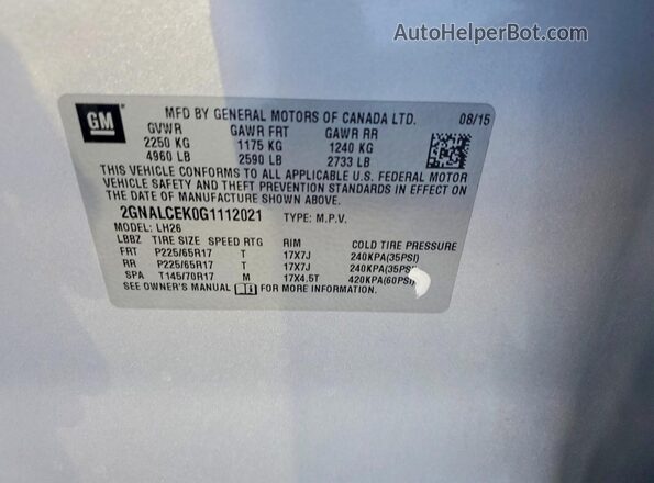 2GNALCEK0G1112021 2016 CHEVROLET EQUINOX Silver Панорамний вид салону 360°