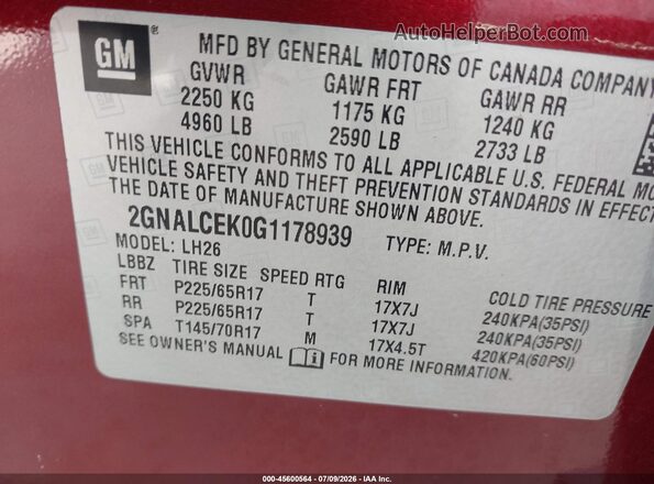 2GNALCEK0G1178939 2016 CHEVROLET EQUINOX Red Widok komory silnika