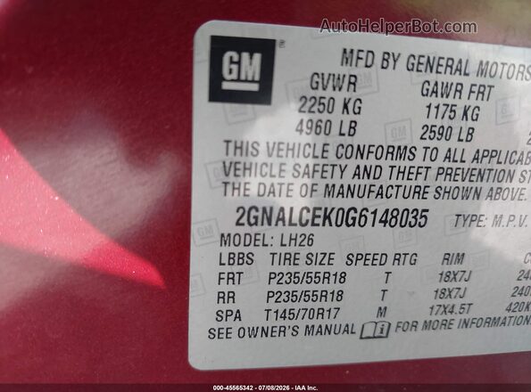 2GNALCEK0G6148035 2016 CHEVROLET EQUINOX Red Vista del compartimento del motor