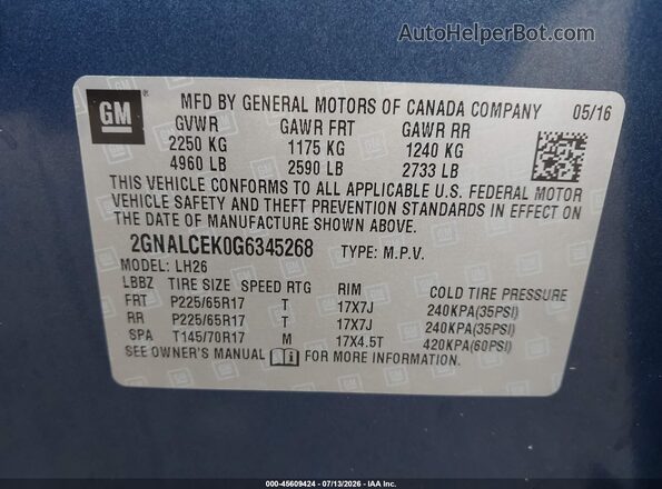 2GNALCEK0G6345268 2016 CHEVROLET EQUINOX Blue Вид підкапотного простору