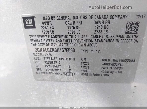 2GNALCEK0H1576590 2017 CHEVROLET EQUINOX Silver Widok komory silnika
