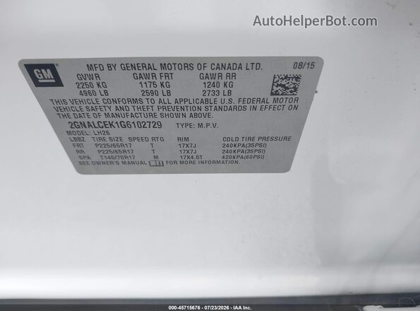 2GNALCEK1G6102729 2016 CHEVROLET EQUINOX White Вид підкапотного простору