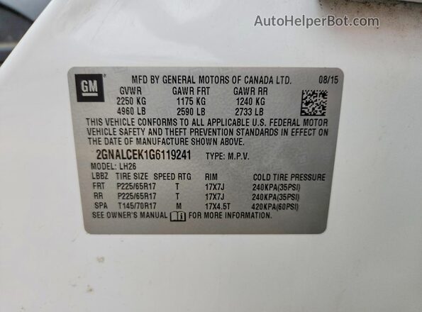 2GNALCEK1G6119241 2016 CHEVROLET EQUINOX White Widok naklejki z numerem VIN