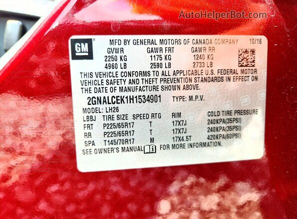 2GNALCEK1H1534901 2017 CHEVROLET EQUINOX Темно-бордовый Вид наклейки с VIN-кодом