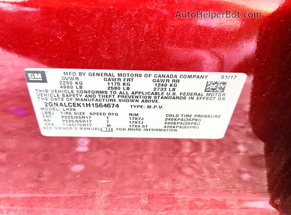 2GNALCEK1H1564674 2017 CHEVROLET EQUINOX Burgundy Вид наклейки з VIN-кодом