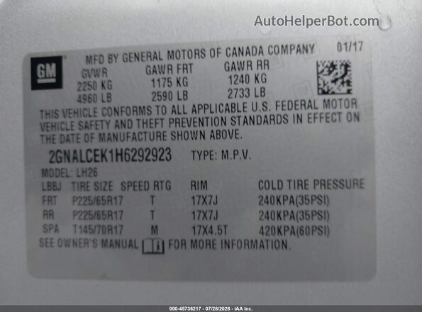 2GNALCEK1H6292923 2017 CHEVROLET EQUINOX Silver Вид підкапотного простору