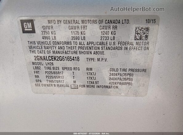 2GNALCEK2G6165418 2016 CHEVROLET EQUINOX Silver ძრავის განყოფილების ხედი
