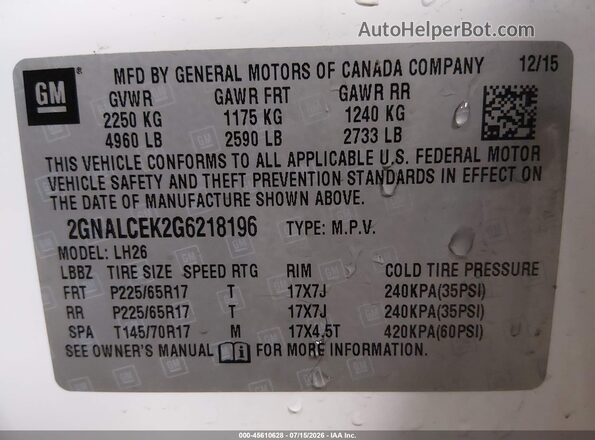 2GNALCEK2G6218196 2016 CHEVROLET EQUINOX White ძრავის განყოფილების ხედი