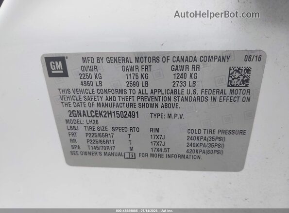 2GNALCEK2H1502491 2017 CHEVROLET EQUINOX White ძრავის განყოფილების ხედი