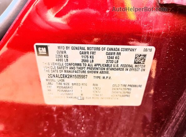 2GNALCEK2H1505987 2017 CHEVROLET EQUINOX Red Widok komory silnika