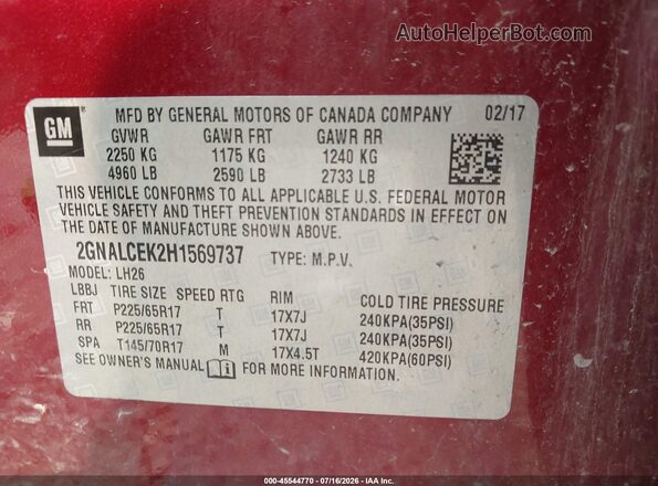 2GNALCEK2H1569737 2017 CHEVROLET EQUINOX Бордовый Вид подкапотного пространства
