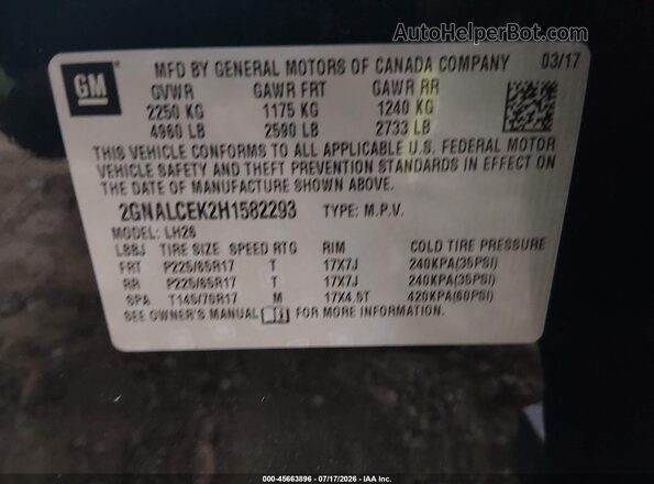 2GNALCEK2H1582293 2017 CHEVROLET EQUINOX Черный Вид подкапотного пространства