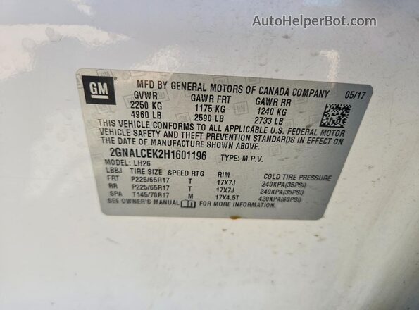 2GNALCEK2H1601196 2017 CHEVROLET EQUINOX White Widok naklejki z numerem VIN