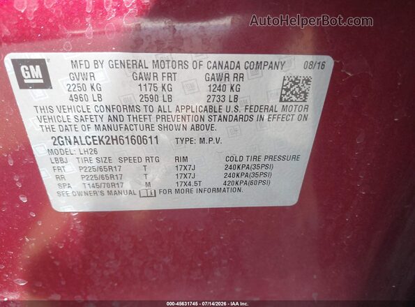 2GNALCEK2H6160611 2017 CHEVROLET EQUINOX Maroon Vista del compartimento del motor