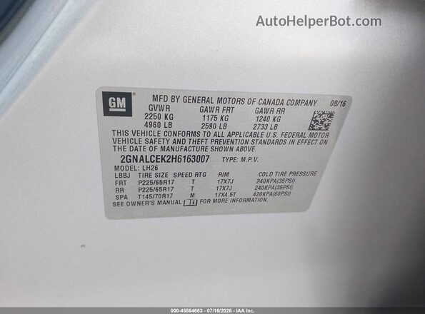 2GNALCEK2H6163007 2017 CHEVROLET EQUINOX Silver Շարժիչի բաժամունքի տեսք