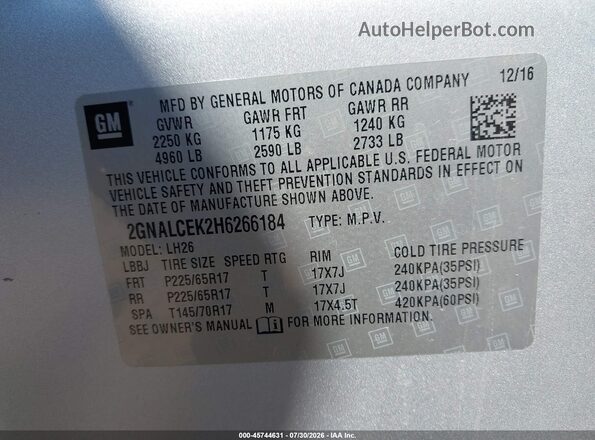 2GNALCEK2H6266184 2017 CHEVROLET EQUINOX Silver Widok komory silnika