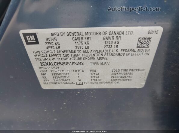 2GNALCEK3G6108242 2016 CHEVROLET EQUINOX Navy Vista del compartimento del motor