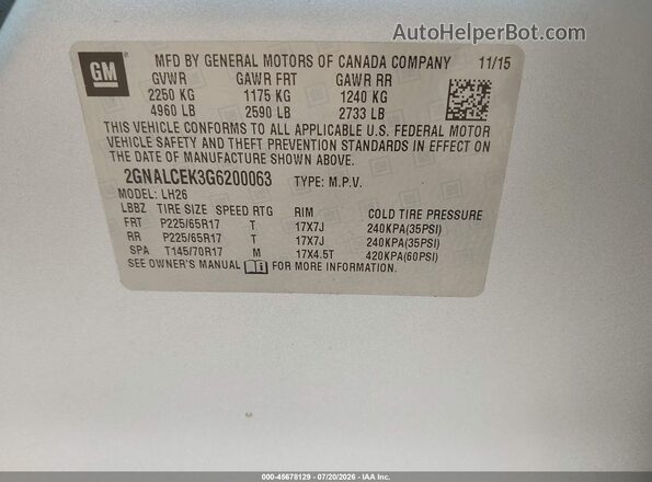 2GNALCEK3G6200063 2016 CHEVROLET EQUINOX Серебряный Вид подкапотного пространства
