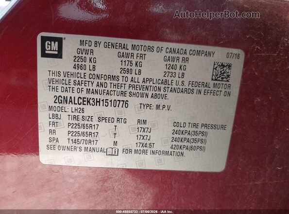 2GNALCEK3H1510776 2017 CHEVROLET EQUINOX Red Вид підкапотного простору