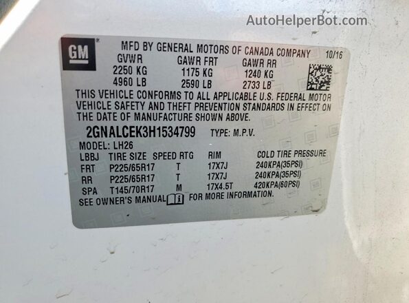 2GNALCEK3H1534799 2017 CHEVROLET EQUINOX White Vista de la etiqueta del VIN
