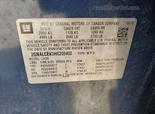 2GNALCEK3H6209492 2017 CHEVROLET EQUINOX Blue VIN sticker view