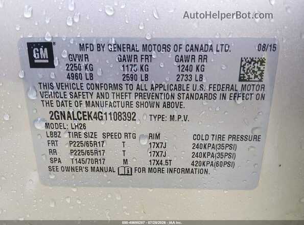 2GNALCEK4G1108392 2016 CHEVROLET EQUINOX Silver Vista del compartimento del motor