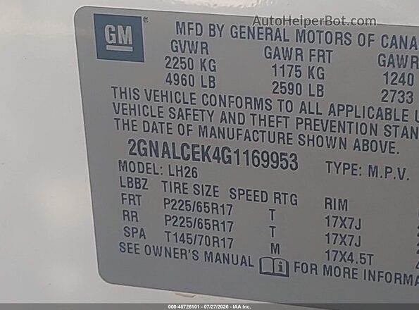 2GNALCEK4G1169953 2016 CHEVROLET EQUINOX White Engine compartment view