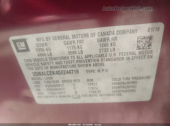2GNALCEK4G6244718 2016 CHEVROLET EQUINOX Red Engine compartment view