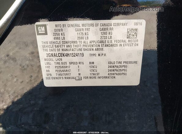 2GNALCEK4H1524119 2017 CHEVROLET EQUINOX Black Вид підкапотного простору