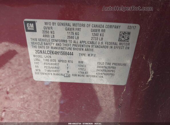 2GNALCEK4H1568444 2017 CHEVROLET EQUINOX Бордовый Вид подкапотного пространства