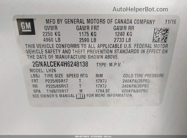 2GNALCEK4H6248138 2017 CHEVROLET EQUINOX Silver Շարժիչի բաժամունքի տեսք