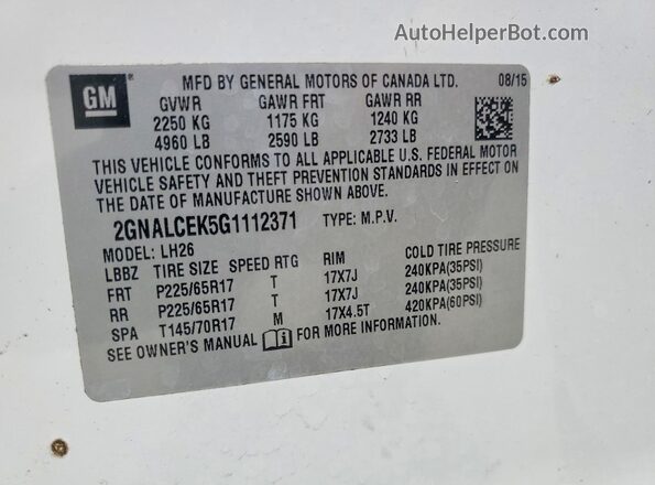 2GNALCEK5G1112371 2016 CHEVROLET EQUINOX White Вид наклейки з VIN-кодом