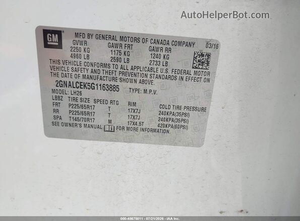 2GNALCEK5G1163885 2016 CHEVROLET EQUINOX White Widok komory silnika
