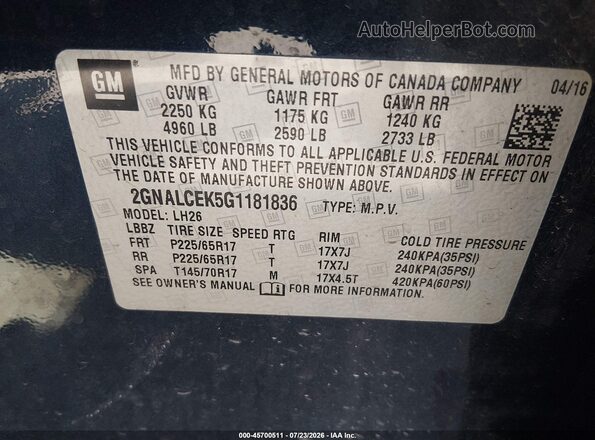 2GNALCEK5G1181836 2016 CHEVROLET EQUINOX Dark Blue Vista del compartimento del motor