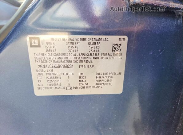 2GNALCEK5G6168281 2016 CHEVROLET EQUINOX Blue VIN կոդի պիտակի տեսք