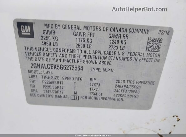 2GNALCEK5G6273564 2016 CHEVROLET EQUINOX White Engine compartment view