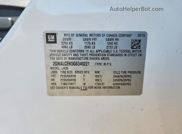 2GNALCEK5G6349221 2016 CHEVROLET EQUINOX White Vista interior de 360 grados