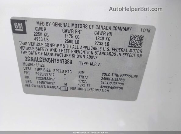 2GNALCEK5H1547389 2017 CHEVROLET EQUINOX White ძრავის განყოფილების ხედი