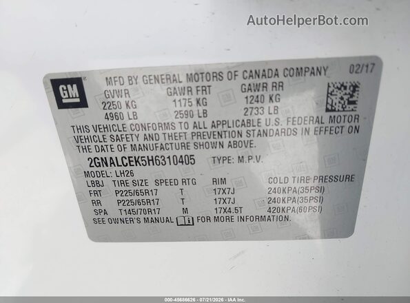 2GNALCEK5H6310405 2017 CHEVROLET EQUINOX White Вид підкапотного простору