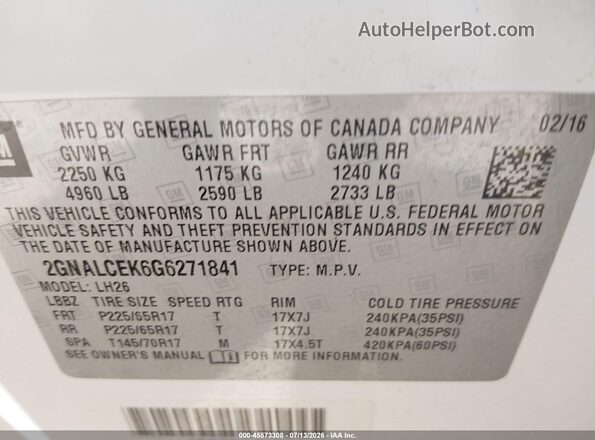 2GNALCEK6G6271841 2016 CHEVROLET EQUINOX White Вид підкапотного простору