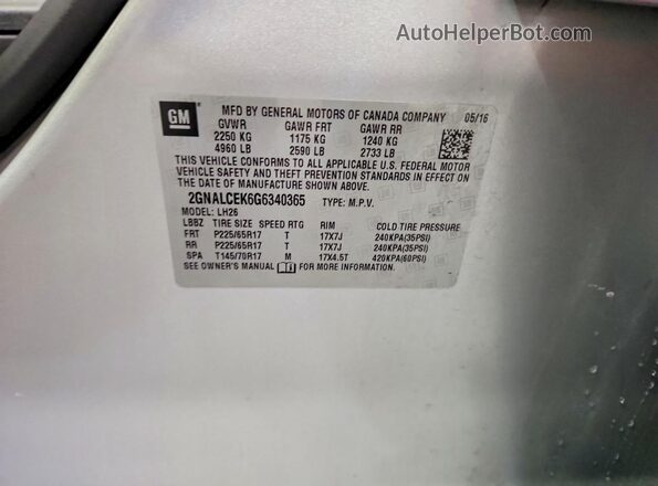 2GNALCEK6G6340365 2016 CHEVROLET EQUINOX Silver Սալոնի 360 աստիճան տեսք