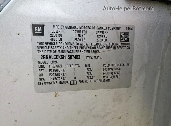 2GNALCEK6H1507483 2017 CHEVROLET EQUINOX Silver Vista de la etiqueta del VIN