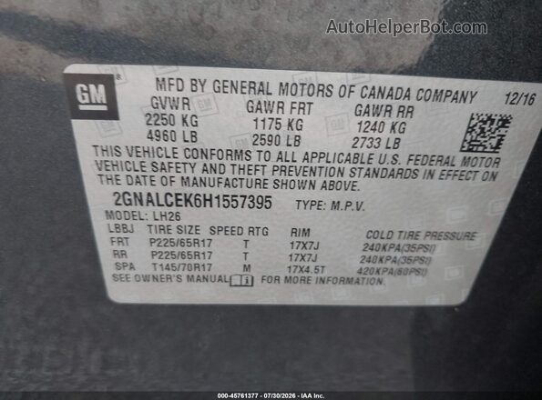 2GNALCEK6H1557395 2017 CHEVROLET EQUINOX Gray Vista del compartimento del motor