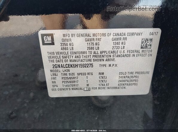 2GNALCEK6H1592275 2017 CHEVROLET EQUINOX Black ძრავის განყოფილების ხედი