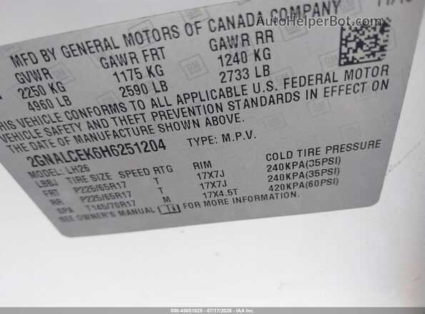 2GNALCEK6H6251204 2017 CHEVROLET EQUINOX White Вид підкапотного простору
