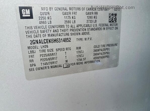 2GNALCEK6H6314852 2017 CHEVROLET EQUINOX Gray Вид наклейки з VIN-кодом
