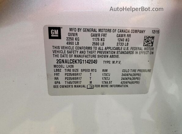 2GNALCEK7G1142049 2016 CHEVROLET EQUINOX Silver Widok naklejki z numerem VIN